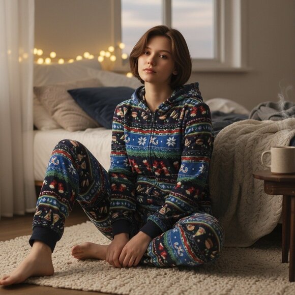 Cat & Jack Junior Multicolor Hooded Holiday-Themed Fleece Pajamas Size Small - Picture 2 of 10